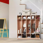 Vestiaire à 5 sections avec roulettes, meuble de rangement en bois pour salle de classe, surface vitrée, rangement mobile, kit anti-basculement, 5 crochets 10 casiers