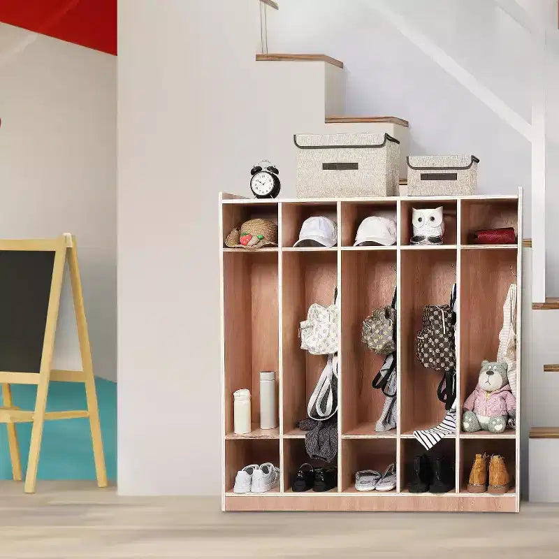 Vestiaire à 5 sections avec roulettes, meuble de rangement en bois pour salle de classe, surface vitrée, rangement mobile, kit anti-basculement, 5 crochets 10 casiers