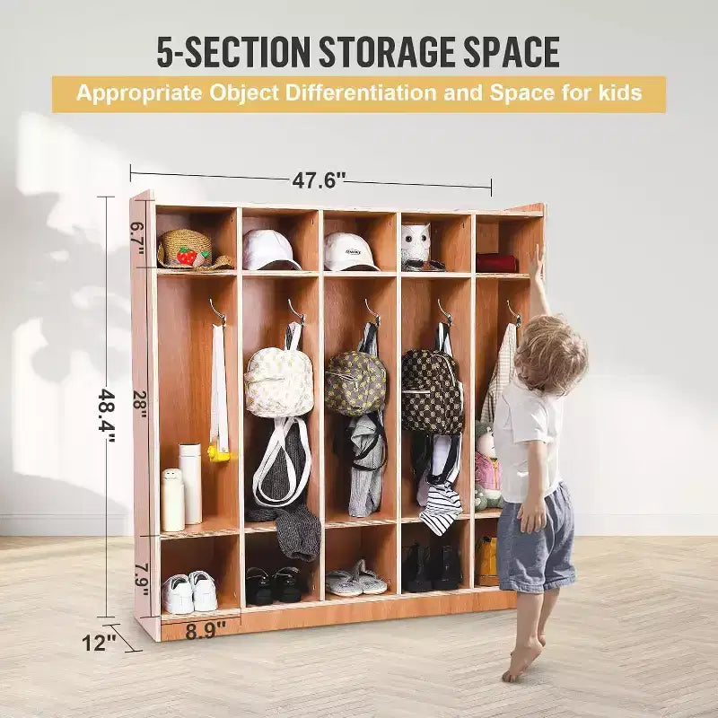 Vestiaire à 5 sections avec roulettes, meuble de rangement en bois pour salle de classe, surface vitrée, rangement mobile, kit anti-basculement, 5 crochets 10 casiers