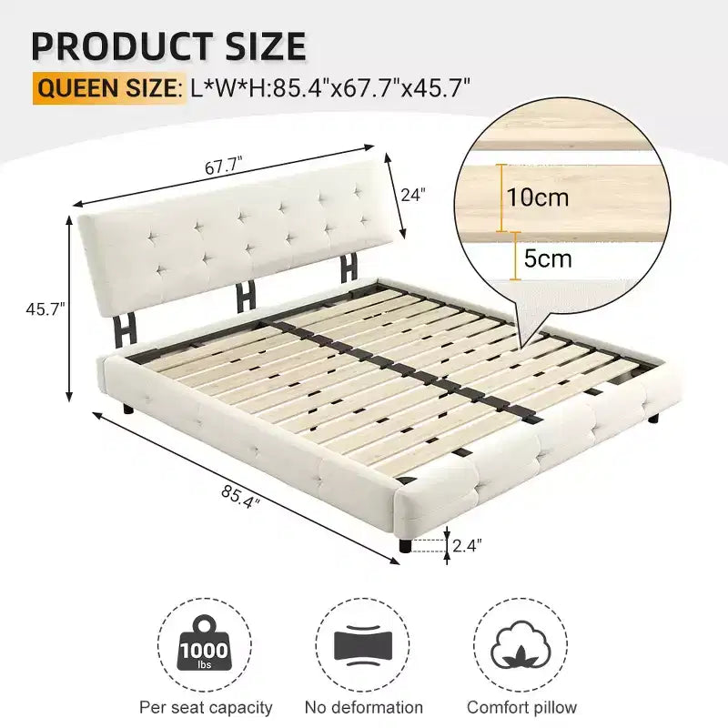 Lit plateforme Whisen King Size en chenille, cadre de lit en bois, tête de lit capitonnée avec oreiller nuage ultra-doux et extra-large