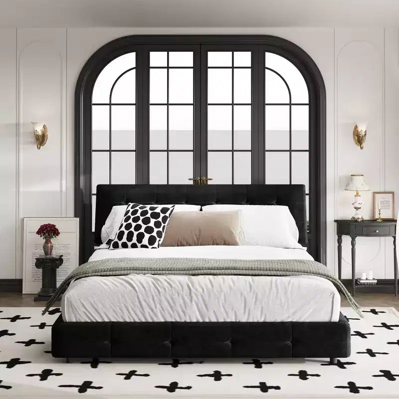 Lit plateforme Whisen King Size en chenille, cadre de lit en bois, tête de lit capitonnée avec oreiller nuage ultra-doux et extra-large