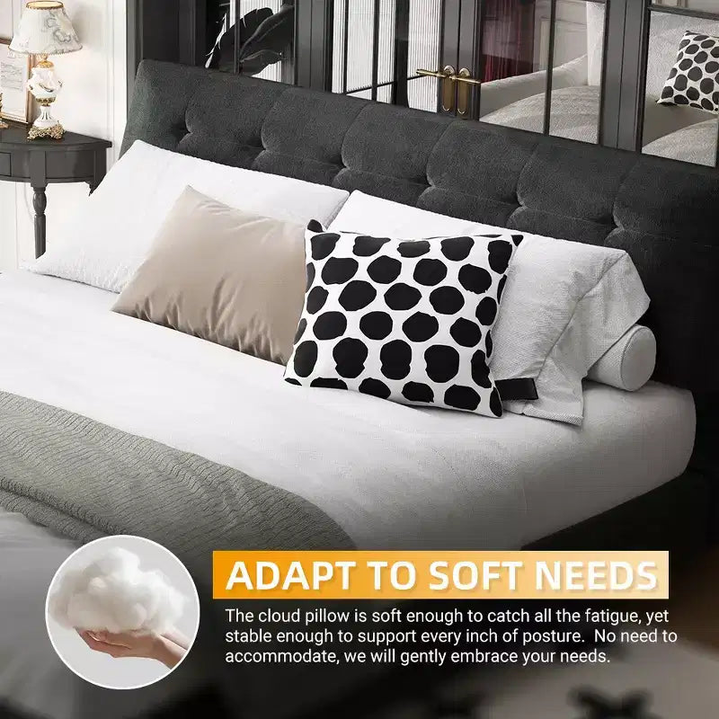 Lit plateforme Whisen King Size en chenille, cadre de lit en bois, tête de lit capitonnée avec oreiller nuage ultra-doux et extra-large