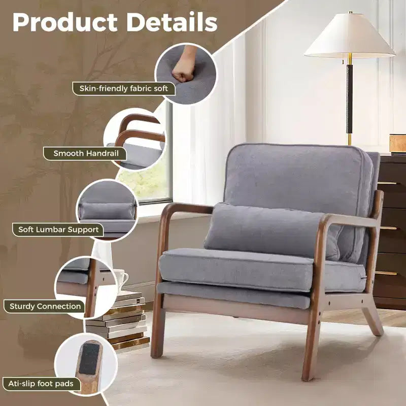 Fauteuil d'appoint TUYOHW, fauteuil de salon avec accoudoirs, coussin lombaire, cadre en bois massif, coussin en mousse haute résilience, fauteuil pour salon, chambre, bureau
