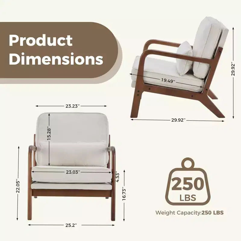 Fauteuil d'appoint TUYOHW, fauteuil de salon avec accoudoirs, coussin lombaire, cadre en bois massif, coussin en mousse haute résilience, fauteuil pour salon, chambre, bureau