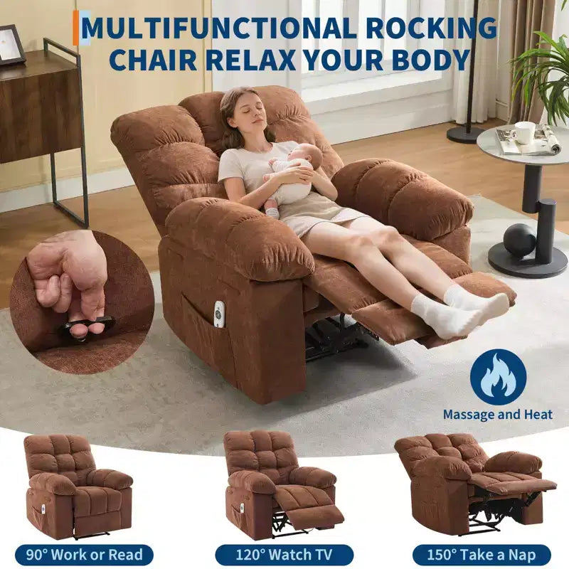 Fauteuil inclinable extra large et surdimensionné avec massage et chauffage - Fauteuil inclinable manuel en peluche pour salon, confort de type « Lazy Boy » avec inclinaison à 150 degrés