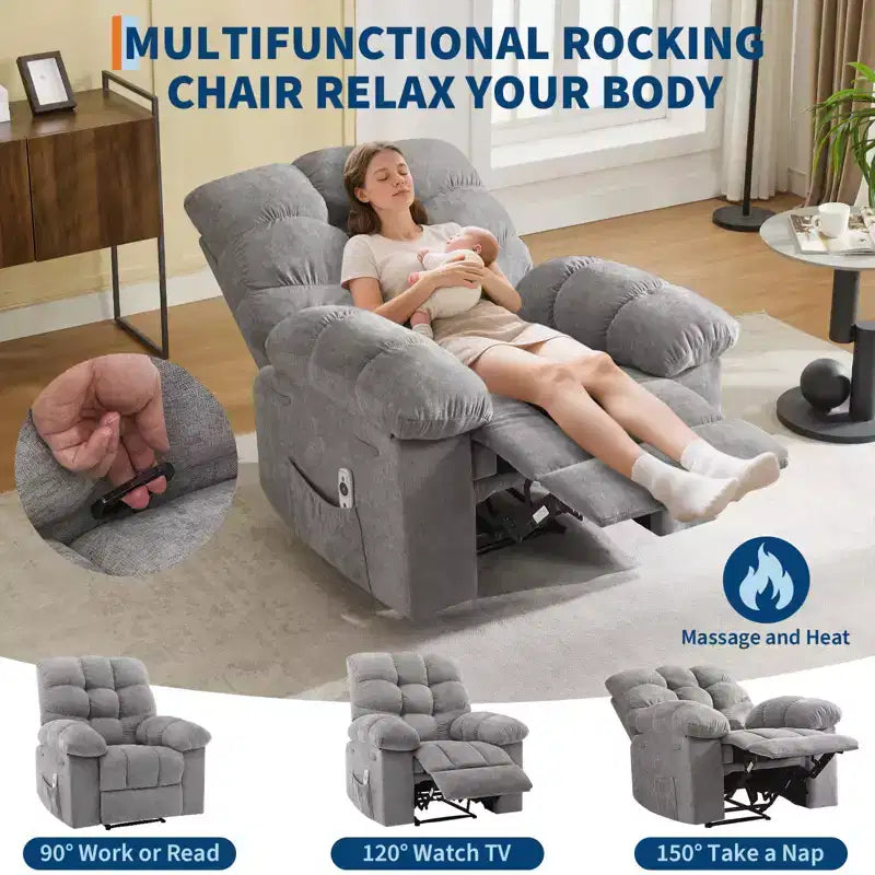 Fauteuil inclinable extra large et surdimensionné avec massage et chauffage - Fauteuil inclinable manuel en peluche pour salon, confort de type « Lazy Boy » avec inclinaison à 150 degrés
