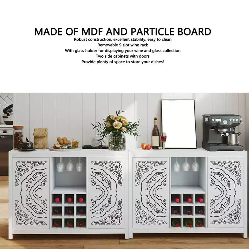 Meuble de Bar à Vin AEELLEEA avec 2 Portes, Buffet en MDF, Meuble de Rangement pour Alcool avec Porte-Bouteilles et Porte-Verres pour Salon, Salle à Manger, Cuisine, Blanc