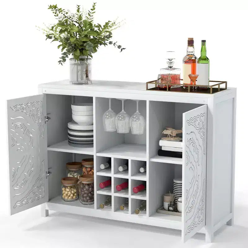 Meuble de Bar à Vin AEELLEEA avec 2 Portes, Buffet en MDF, Meuble de Rangement pour Alcool avec Porte-Bouteilles et Porte-Verres pour Salon, Salle à Manger, Cuisine, Blanc