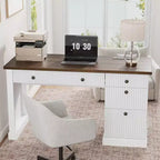 Bureau de direction moderne 54'' avec meuble de rangement et tiroir, brun, avec façade cannelée, idéal pour bureau à domicile, bureau d'étude, salon