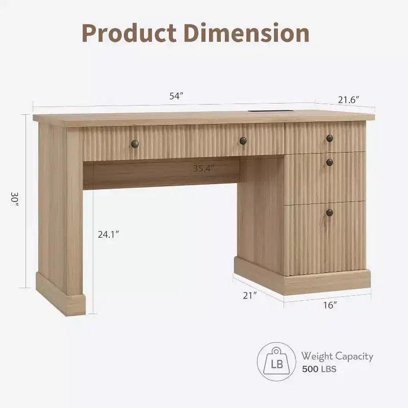 Bureau de direction moderne 54'' avec meuble de rangement et tiroir, brun, avec façade cannelée, idéal pour bureau à domicile, bureau d'étude, salon