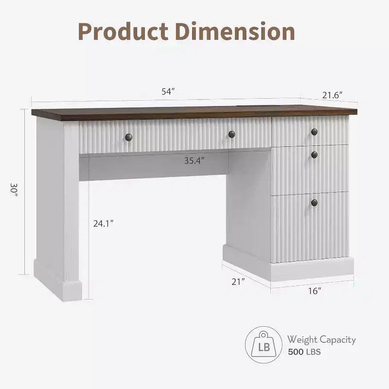 Bureau de direction moderne 54'' avec meuble de rangement et tiroir, brun, avec façade cannelée, idéal pour bureau à domicile, bureau d'étude, salon