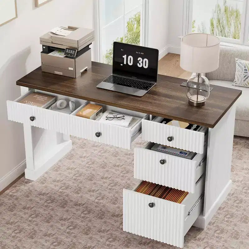 Bureau de direction moderne 54'' avec meuble de rangement et tiroir, brun, avec façade cannelée, idéal pour bureau à domicile, bureau d'étude, salon