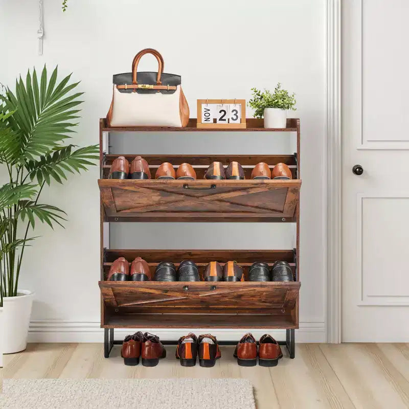 Meuble à chaussures VEVOR avec 2 tiroirs basculants, meuble de rangement pour chaussures de style ferme avec pieds en métal et dispositif anti-basculement, marron