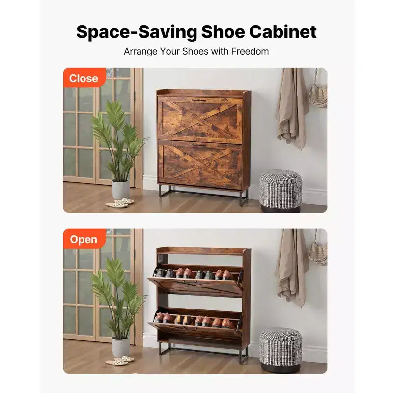 Meuble à chaussures VEVOR avec 2 tiroirs basculants, meuble de rangement pour chaussures de style ferme avec pieds en métal et dispositif anti-basculement, marron