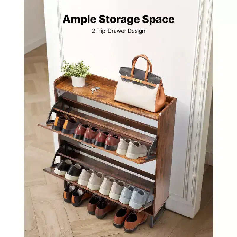 Meuble à chaussures VEVOR avec 2 tiroirs basculants, meuble de rangement pour chaussures de style ferme avec pieds en métal et dispositif anti-basculement, marron