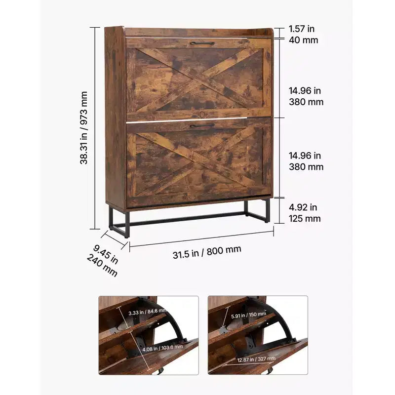 Meuble à chaussures VEVOR avec 2 tiroirs basculants, meuble de rangement pour chaussures de style ferme avec pieds en métal et dispositif anti-basculement, marron