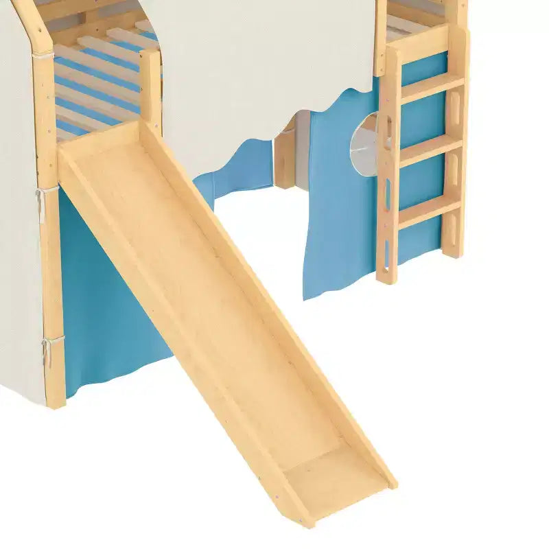Lit mezzanine double/grand format avec toboggan intégré et lumières, cadre de lit mezzanine pour enfants avec tente et barrières de sécurité - ModernLuxe