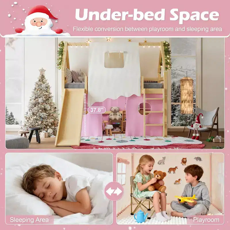 Lit mezzanine double/grand format avec toboggan intégré et lumières, cadre de lit mezzanine pour enfants avec tente et barrières de sécurité - ModernLuxe