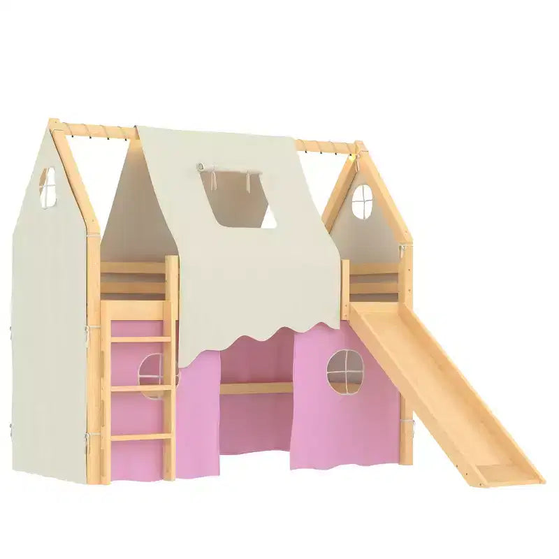 Lit mezzanine double/grand format avec toboggan intégré et lumières, cadre de lit mezzanine pour enfants avec tente et barrières de sécurité - ModernLuxe