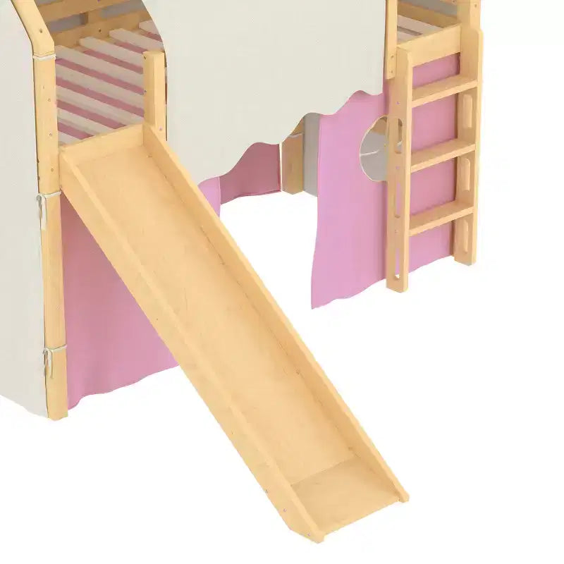 Lit mezzanine double/grand format avec toboggan intégré et lumières, cadre de lit mezzanine pour enfants avec tente et barrières de sécurité - ModernLuxe