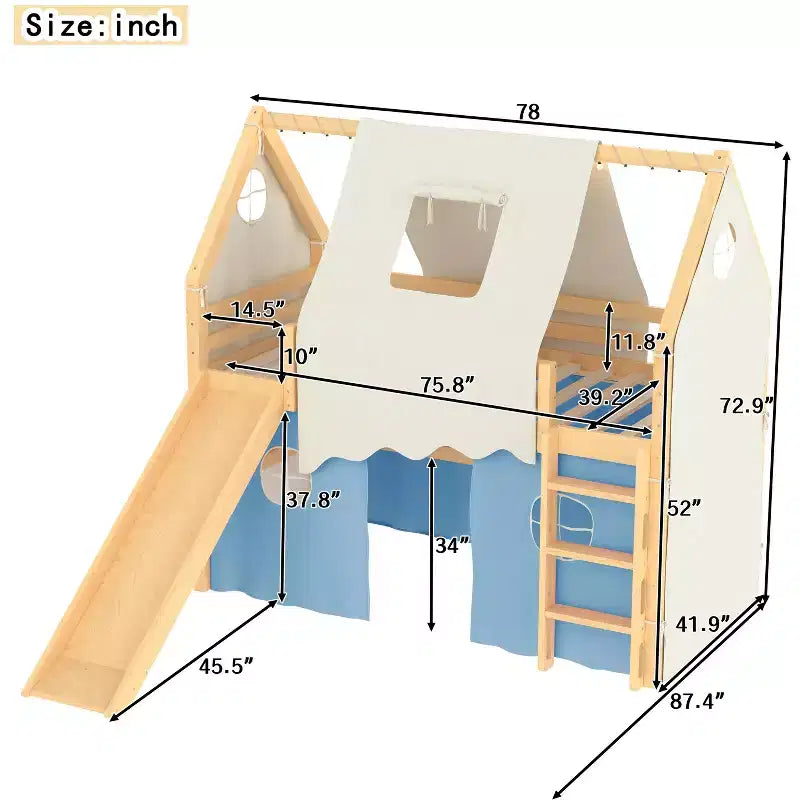Lit mezzanine double/grand format avec toboggan intégré et lumières, cadre de lit mezzanine pour enfants avec tente et barrières de sécurité - ModernLuxe