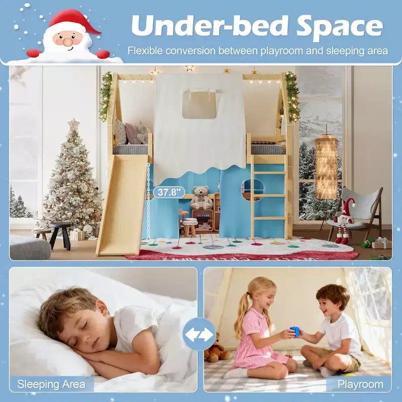 Lit mezzanine double/grand format avec toboggan intégré et lumières, cadre de lit mezzanine pour enfants avec tente et barrières de sécurité - ModernLuxe