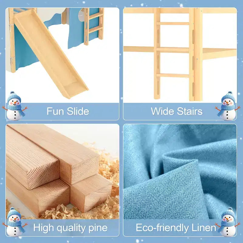 Lit mezzanine double/grand format avec toboggan intégré et lumières, cadre de lit mezzanine pour enfants avec tente et barrières de sécurité - ModernLuxe