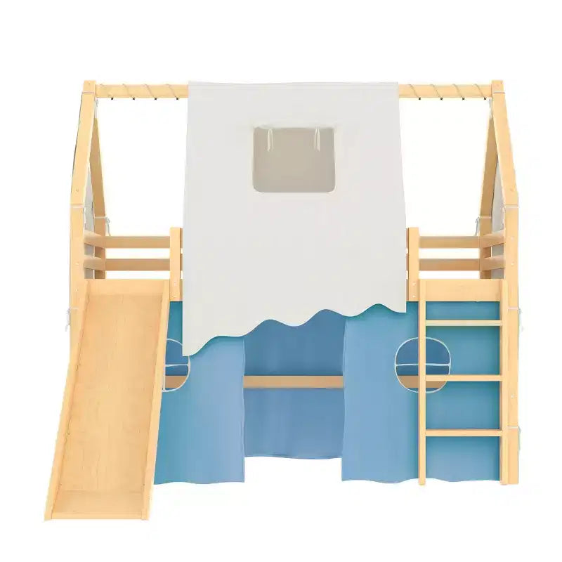 Lit mezzanine double/grand format avec toboggan intégré et lumières, cadre de lit mezzanine pour enfants avec tente et barrières de sécurité - ModernLuxe