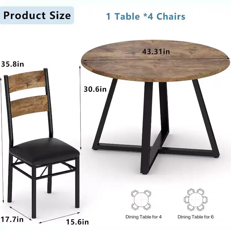Ensemble table à manger ronde Acekool 43 pouces pour 4 personnes, 5 pièces, table de cuisine et chaises rembourrées, gain de place