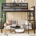 Lit mezzanine Okak Queen/Full Metal avec échelle et étagères de rangement, cadre de lit contemporain pour chambre à coucher, appartements