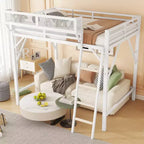 Lit mezzanine Okak Queen/Full Metal avec échelle et étagères de rangement, cadre de lit contemporain pour chambre à coucher, appartements