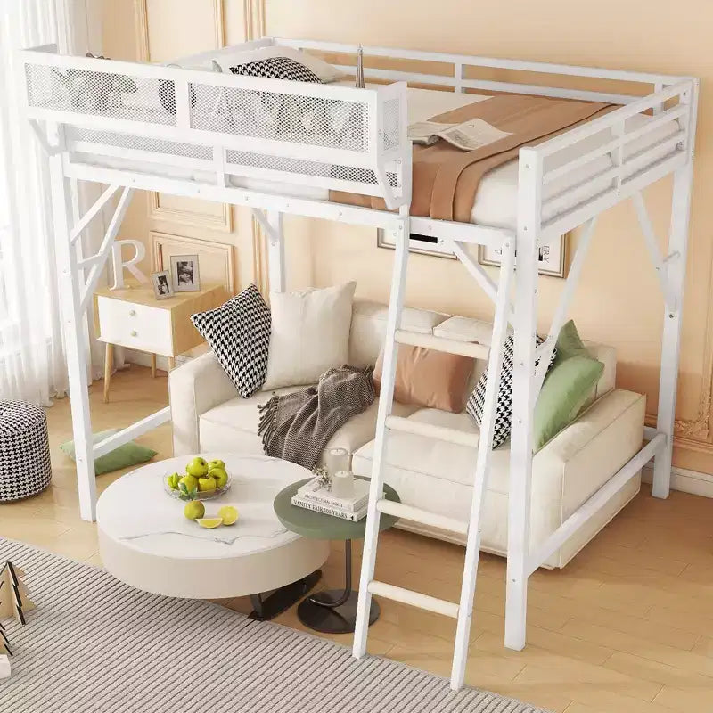 Lit mezzanine Okak Queen/Full Metal avec échelle et étagères de rangement, cadre de lit contemporain pour chambre à coucher, appartements