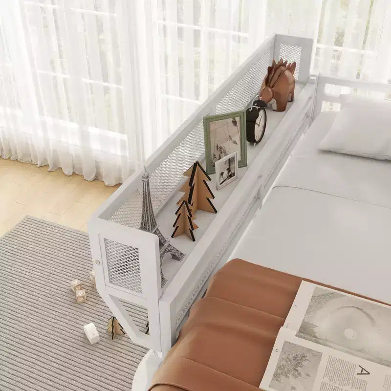Lit mezzanine Okak Queen/Full Metal avec échelle et étagères de rangement, cadre de lit contemporain pour chambre à coucher, appartements