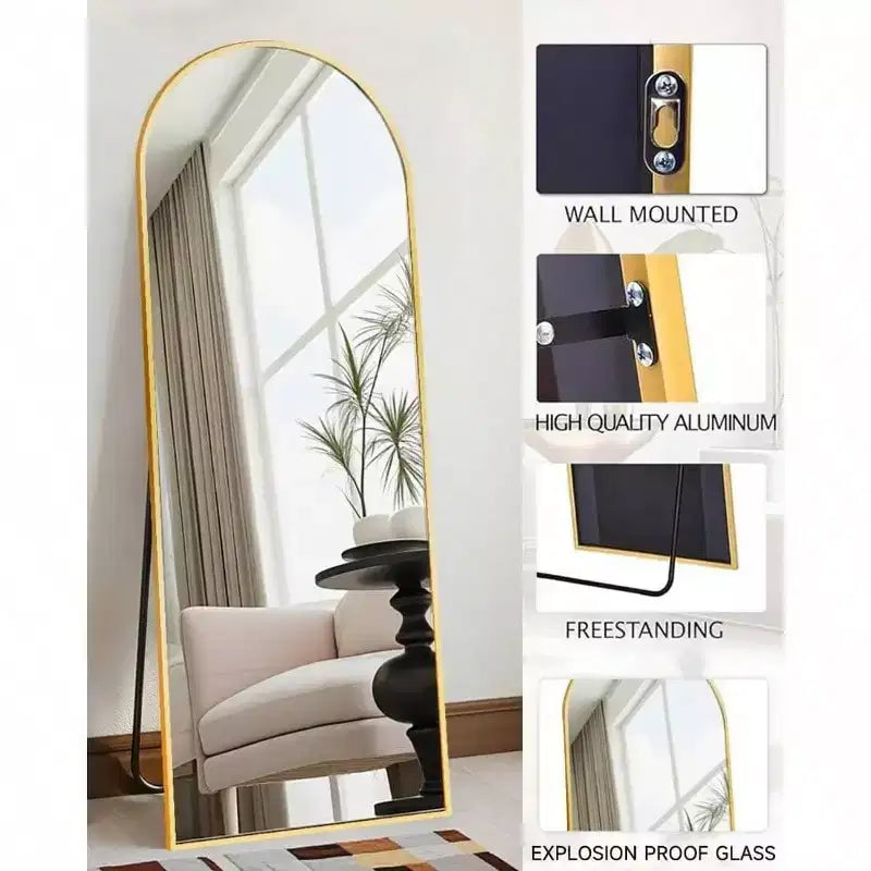 Miroir sur pied arqué de 58 pouces, miroir de sol doré avec support, miroir de chambre à coucher, autoportant ou mural