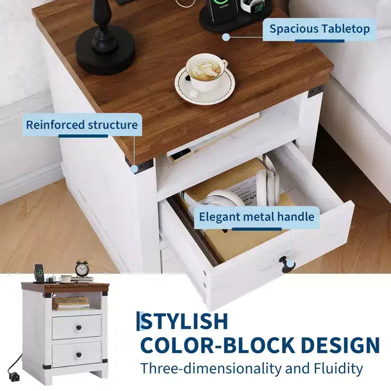 Table de Chevet avec Station de Recharge, Table d'Appoint en Bois avec Ports USB et Prises de Courant, Table de Nuit à 2 Tiroirs