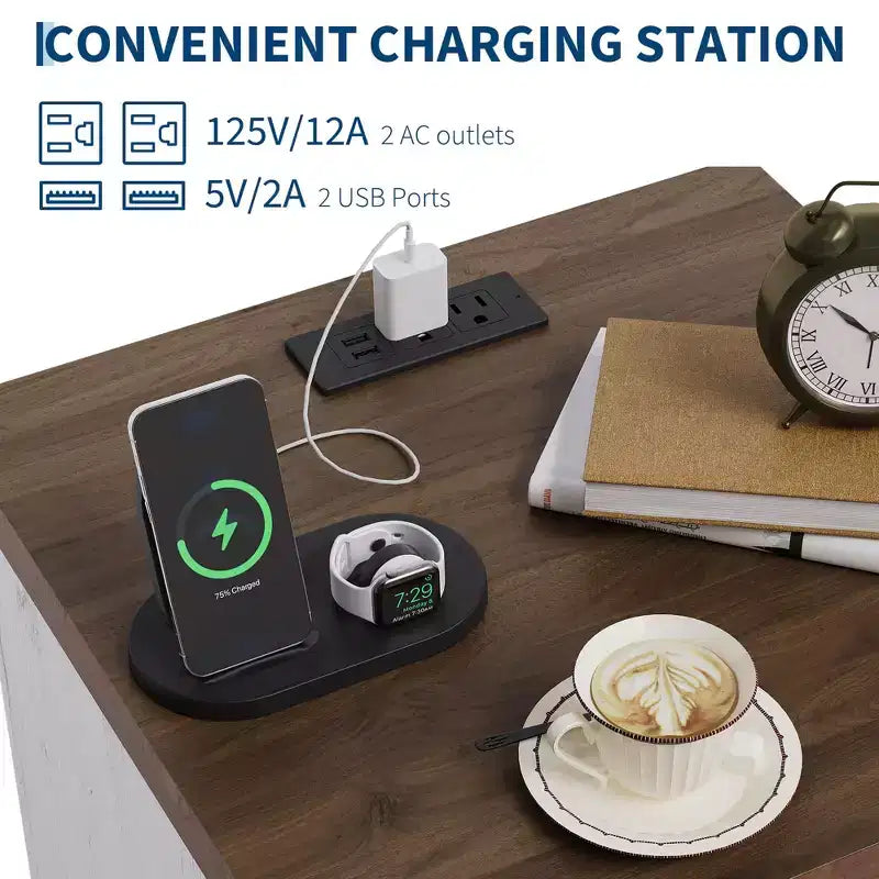 Table de Chevet avec Station de Recharge, Table d'Appoint en Bois avec Ports USB et Prises de Courant, Table de Nuit à 2 Tiroirs