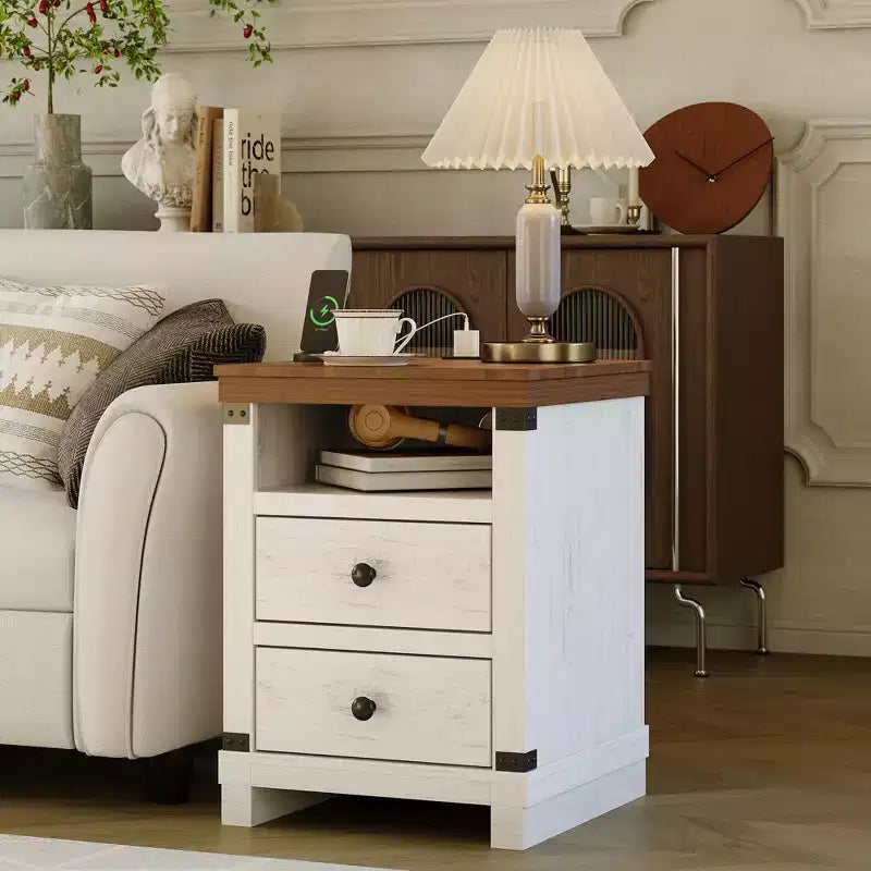 Table de Chevet avec Station de Recharge, Table d'Appoint en Bois avec Ports USB et Prises de Courant, Table de Nuit à 2 Tiroirs