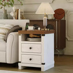 Table de Chevet avec Station de Recharge, Table d'Appoint en Bois avec Ports USB et Prises de Courant, Table de Nuit à 2 Tiroirs