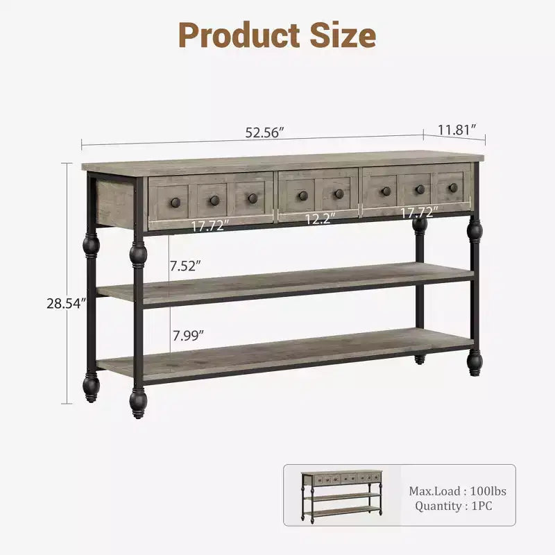 Table Console Industrielle 52" avec 3 Tiroirs de Rangement - Table de Canapé en Métal à 3 Niveaux pour Entrée, Salon, Couloir et Derrière le Canapé