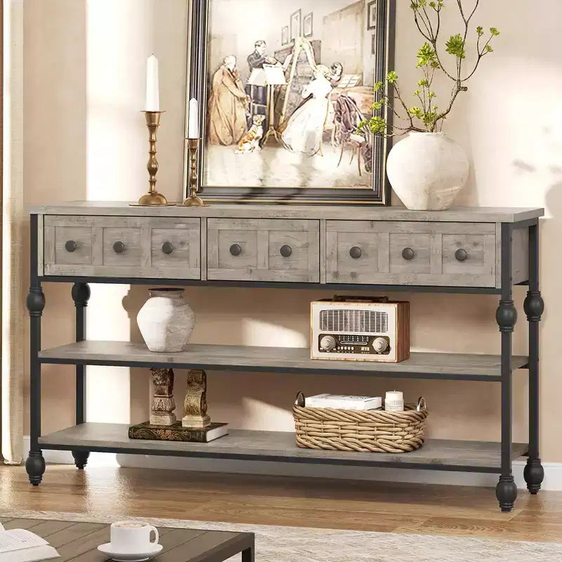 Table Console Industrielle 52" avec 3 Tiroirs de Rangement - Table de Canapé en Métal à 3 Niveaux pour Entrée, Salon, Couloir et Derrière le Canapé