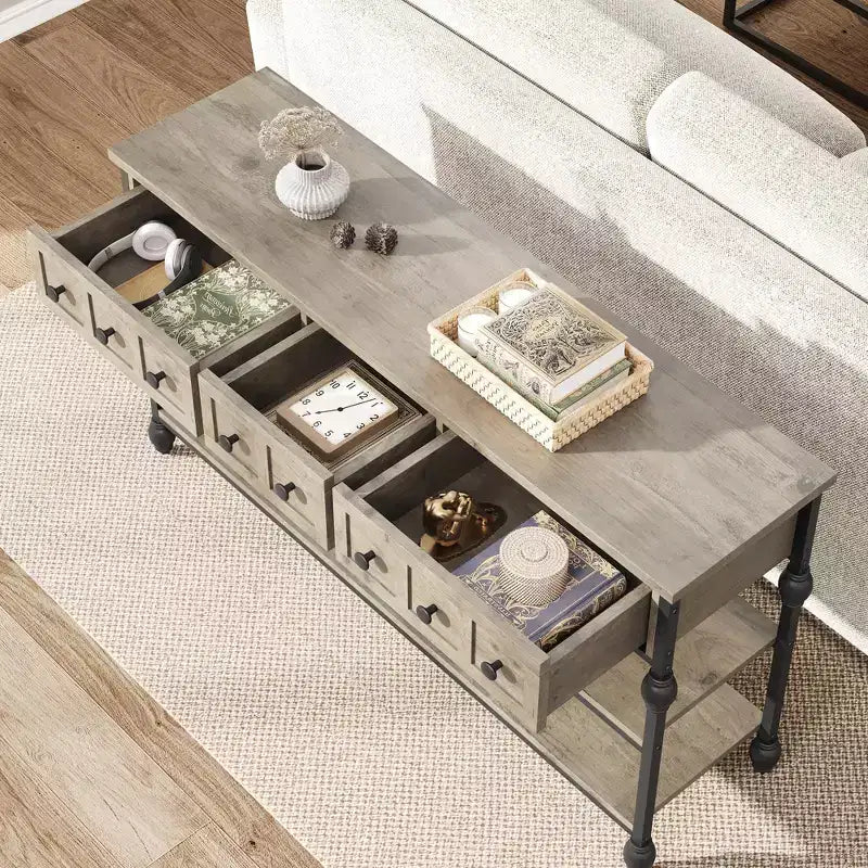 Table Console Industrielle 52" avec 3 Tiroirs de Rangement - Table de Canapé en Métal à 3 Niveaux pour Entrée, Salon, Couloir et Derrière le Canapé