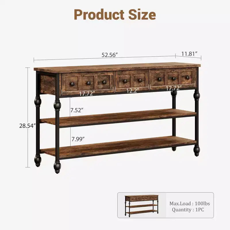 Table Console Industrielle 52" avec 3 Tiroirs de Rangement - Table de Canapé en Métal à 3 Niveaux pour Entrée, Salon, Couloir et Derrière le Canapé
