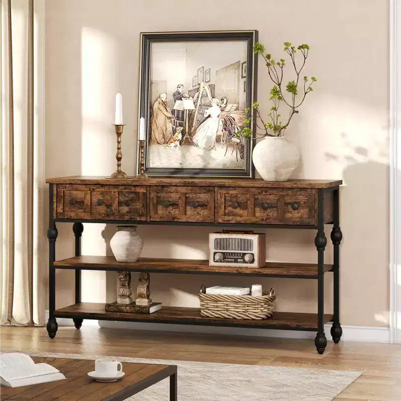 Table Console Industrielle 52" avec 3 Tiroirs de Rangement - Table de Canapé en Métal à 3 Niveaux pour Entrée, Salon, Couloir et Derrière le Canapé