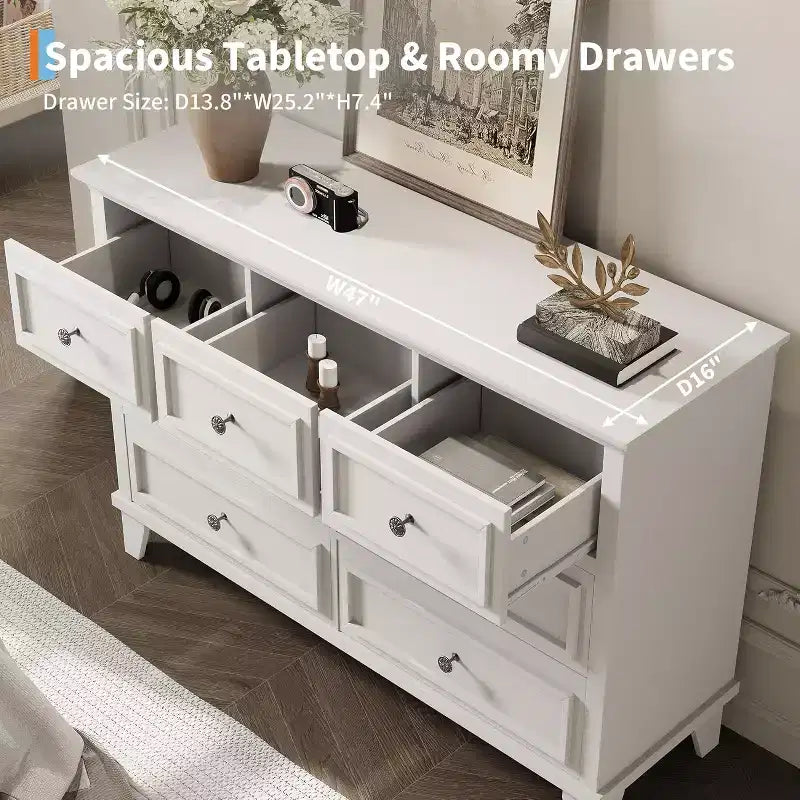 Commode 7 Tiroirs Acekool, Commode en Bois Moderne, Organisateur de Rangement Profond avec Poignées Vintage, Meuble TV pour Chambre et Salon