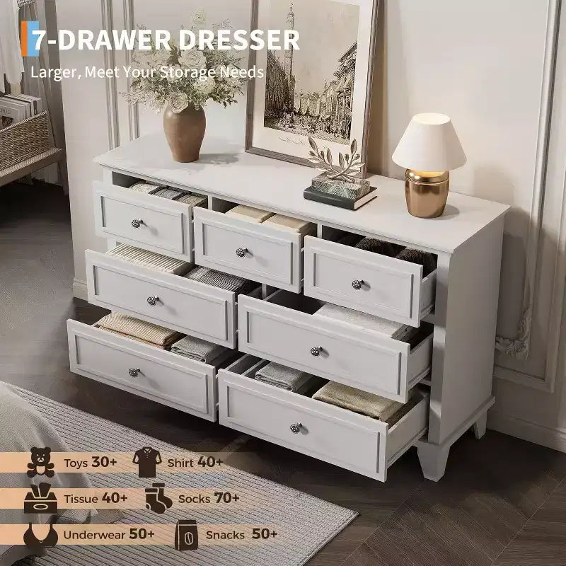 Commode 7 Tiroirs Acekool, Commode en Bois Moderne, Organisateur de Rangement Profond avec Poignées Vintage, Meuble TV pour Chambre et Salon