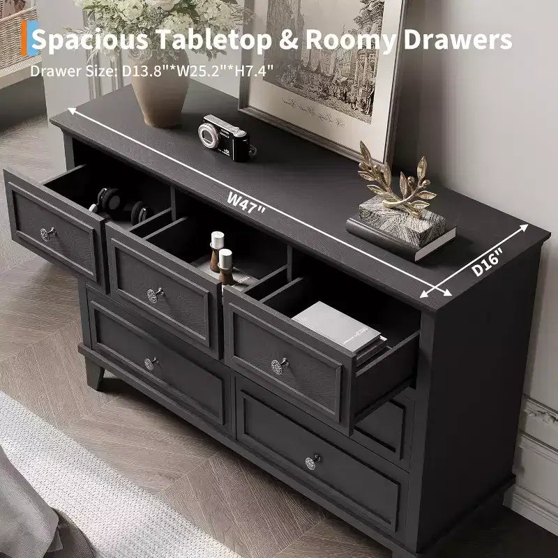 Commode 7 Tiroirs Acekool, Commode en Bois Moderne, Organisateur de Rangement Profond avec Poignées Vintage, Meuble TV pour Chambre et Salon
