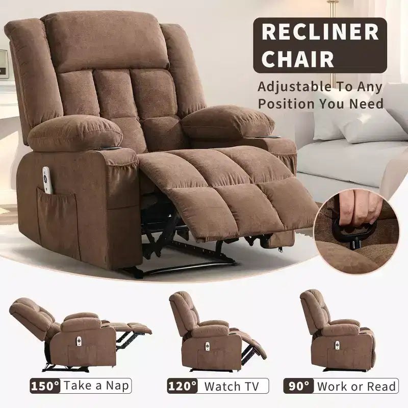 Fauteuil inclinable de massage avec vibrations et chaleur lombaire pour adultes, large, ergonomique, siège simple avec 3 positions, 2 poches latérales et porte-gobelets