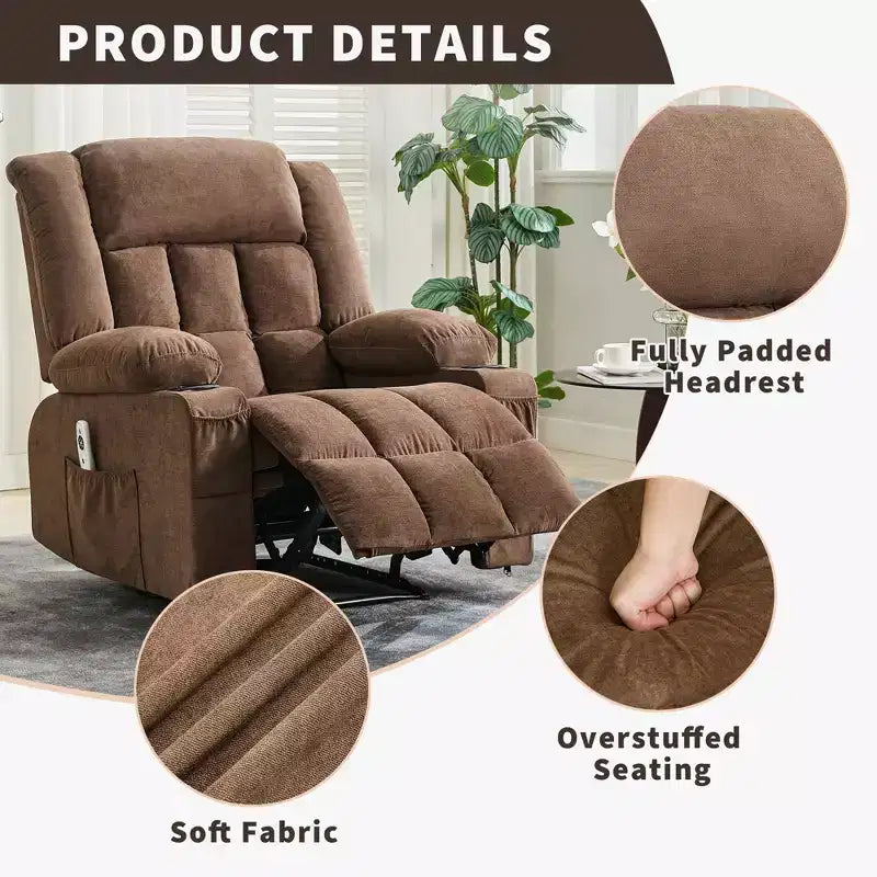 Fauteuil inclinable de massage avec vibrations et chaleur lombaire pour adultes, large, ergonomique, siège simple avec 3 positions, 2 poches latérales et porte-gobelets