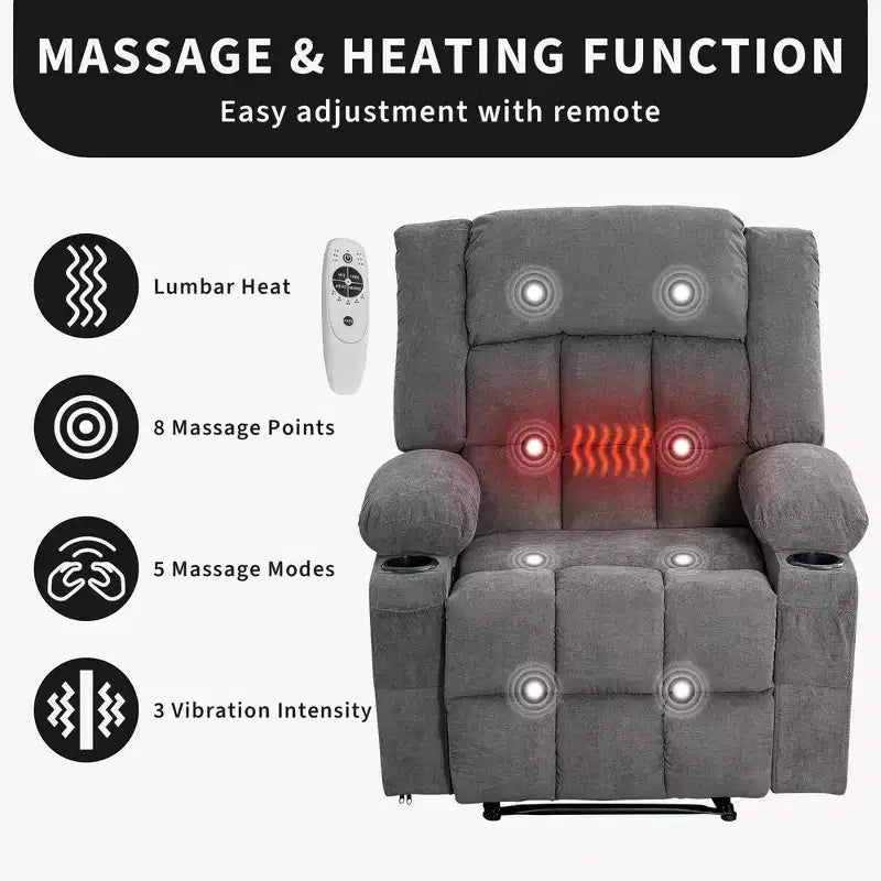 Fauteuil inclinable de massage avec vibrations et chaleur lombaire pour adultes, large, ergonomique, siège simple avec 3 positions, 2 poches latérales et porte-gobelets