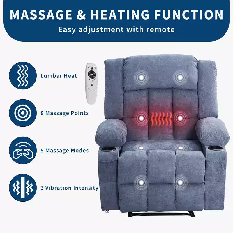 Fauteuil inclinable de massage avec vibrations et chaleur lombaire pour adultes, large, ergonomique, siège simple avec 3 positions, 2 poches latérales et porte-gobelets